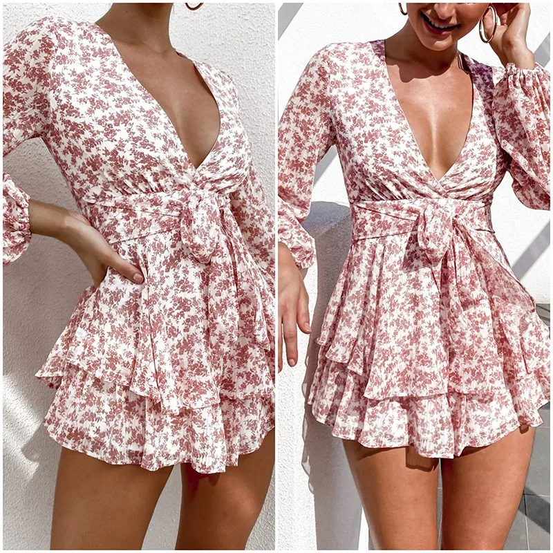 

Women Summer Blue Dreamy Jumpsuit Long Semi-sheer Sleeves Cute Ruffle Striped Printed Long-sleeved Sexy V-neck Shorts Skirt