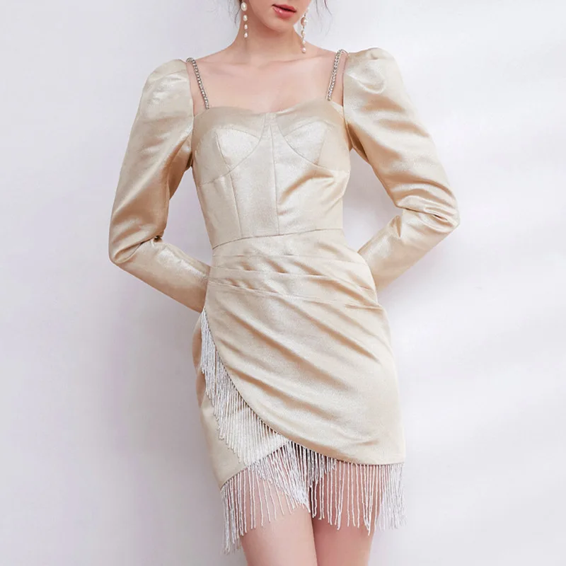 

French Mini Prom Gown Fashion Square Collar Long Sleeve Women Daily Date Dress Irregular Tassel Hemline Cocktail Party Dress