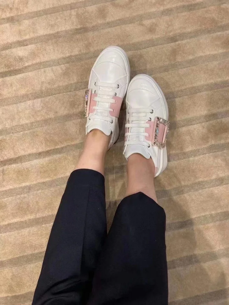 

2020 Hot Rhinestone Square Buckle Platform White Women Shoes Height Increase Genuine Leather Lace-Up Spring Autumn Casual Shoes