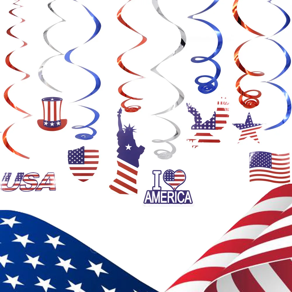 

8pcs American National Flag Foil Spirals Fourth of July Party Decoration Independence Day PVC Ceiling Hanging Swirl Party Favor