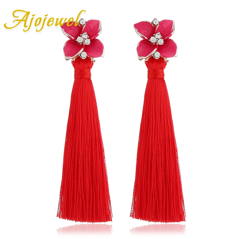 Ajojewel эмаль цветок DIY Шелковый нитки, кисточки, серьги длинные женские бижутерия Прямая - Окраска металла: red tassel