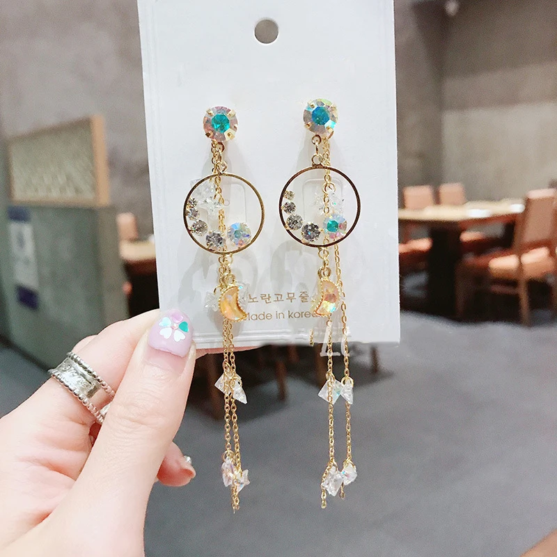 Новые корейские круглые блестящие хрустальные милые длинные висячие серьги с