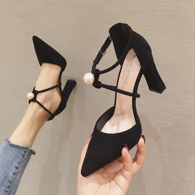 

Sandals The New Fashion PumpaShoes Cross-Strap Buckle Strap Beaded Shallow Cover Heel Square heel Pointed Toe