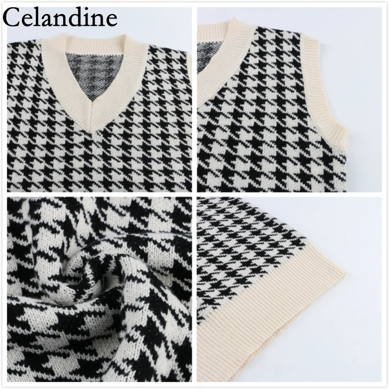 

Celandine gilet pied de poule pour femme, col en V, pull ample sans manches, debardeur tricote, Style Preppy coreen, automne