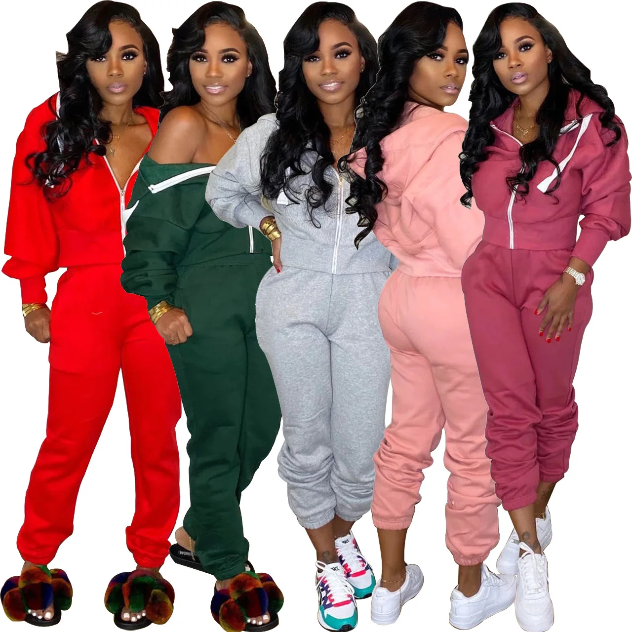 

Women's Fashion Popular Style Casual Sweatsuit Hoodie and Pocket Solid Two Piece Set