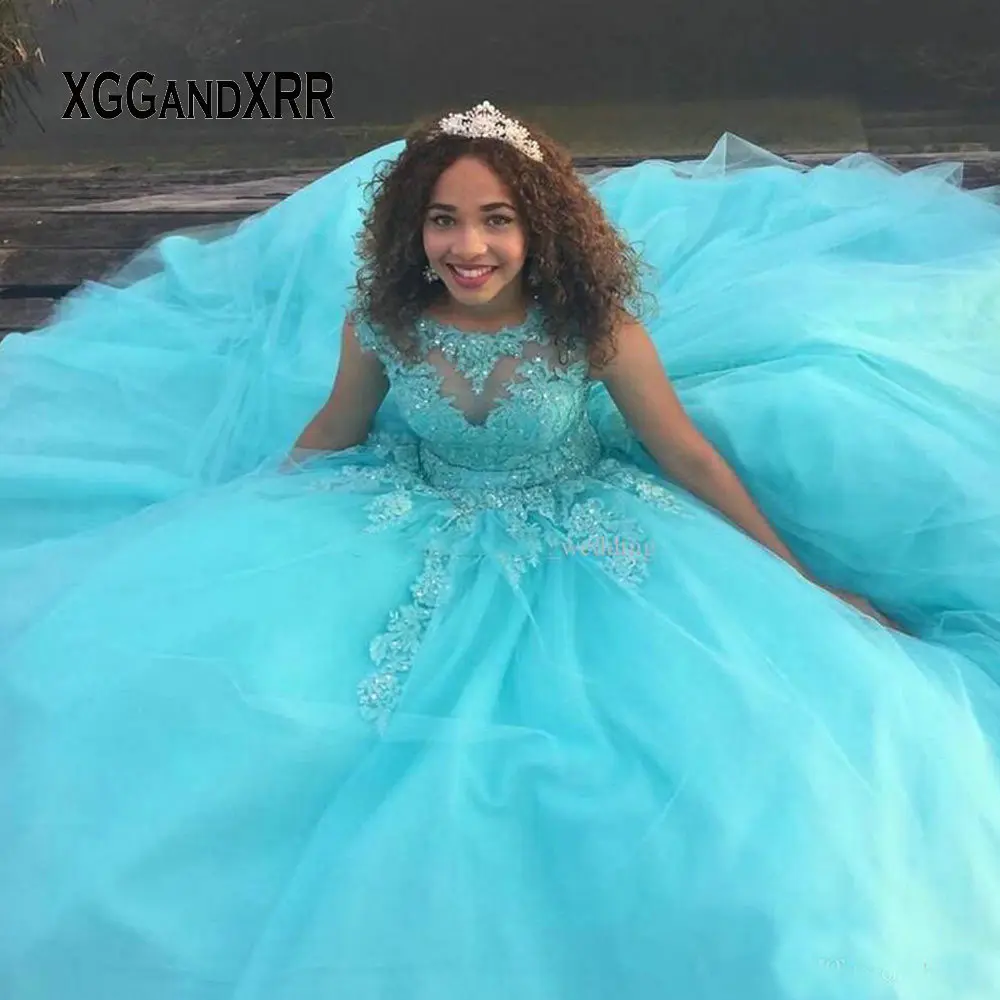 

Новинка, бальное платье синего павлина, платья для Quinceanera 2022, милое бирюзовое кружевное платье с аппликацией и глубоким круглым вырезом, платье для дня рождения 15 16
