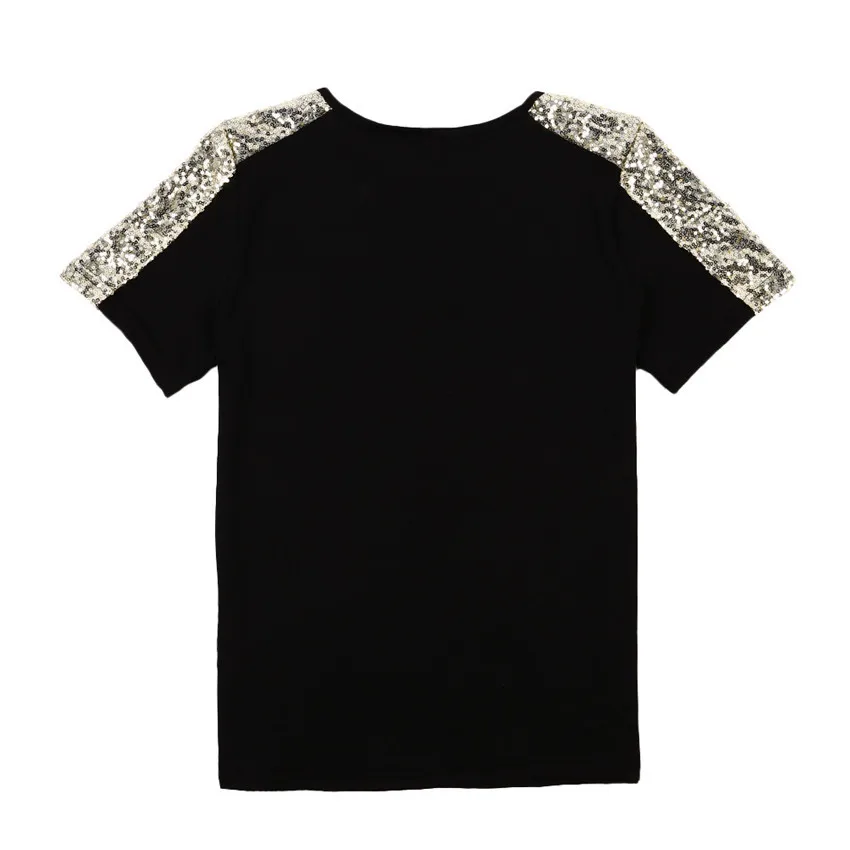 Sequined T Shirt Womens Pocket Tee Shirts Tops Mujer Fashion Black T-shirt Women Short Sleeve Summer Female Top | Женская одежда