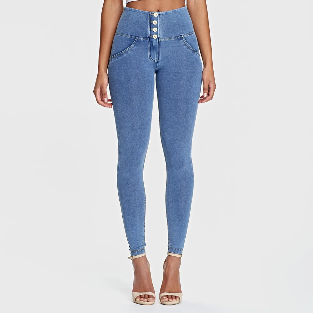 Женские джинсы с эффектом пуш ап голубые 4 пуговицами и высокой талией|Узкие