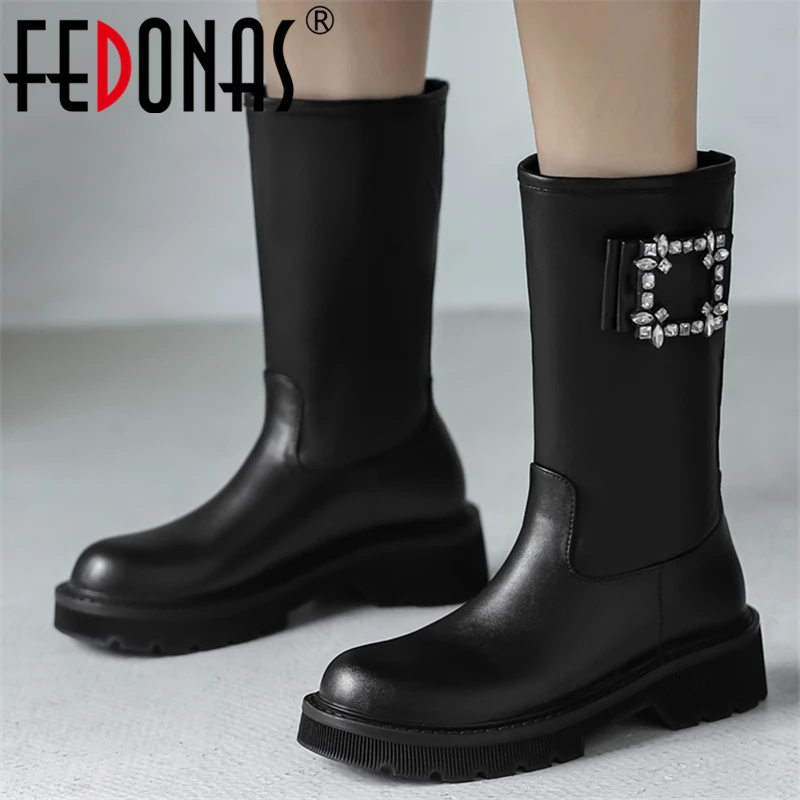 

FEDONAS Fashion Platforms Women Mid-Calf Boots 2022 Autumn Winter Genuine Leather Thick Heels New Arrival Rhinestone Shoes Woman