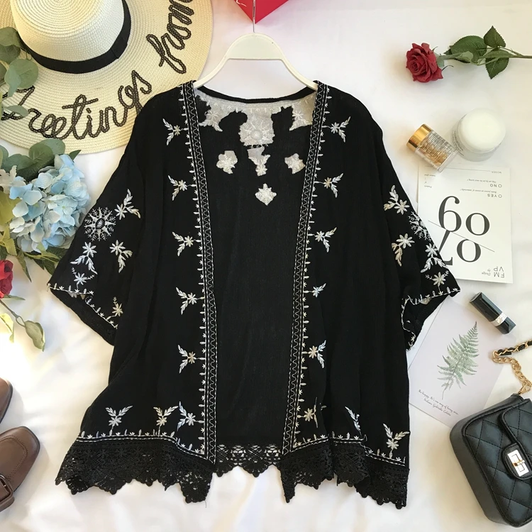 

Summer Embroidery women cardigans Women's Cotton and Linen Beach tops lady Loose Thin Cardigans Blouse Tops