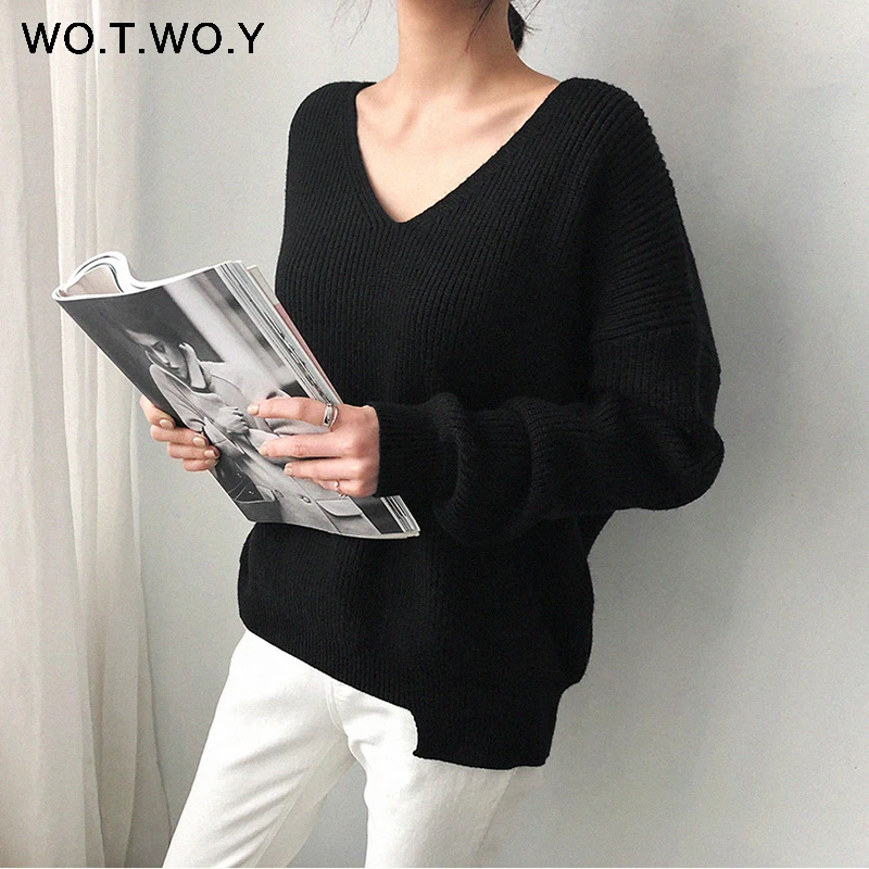 S19229Black WOTWOY осень зима базовый вязаный синий белый свитер для женщин модные повседневные женские пуловеры с v-образным вырезом корейские женские джемперы - Цвет: S19229Black