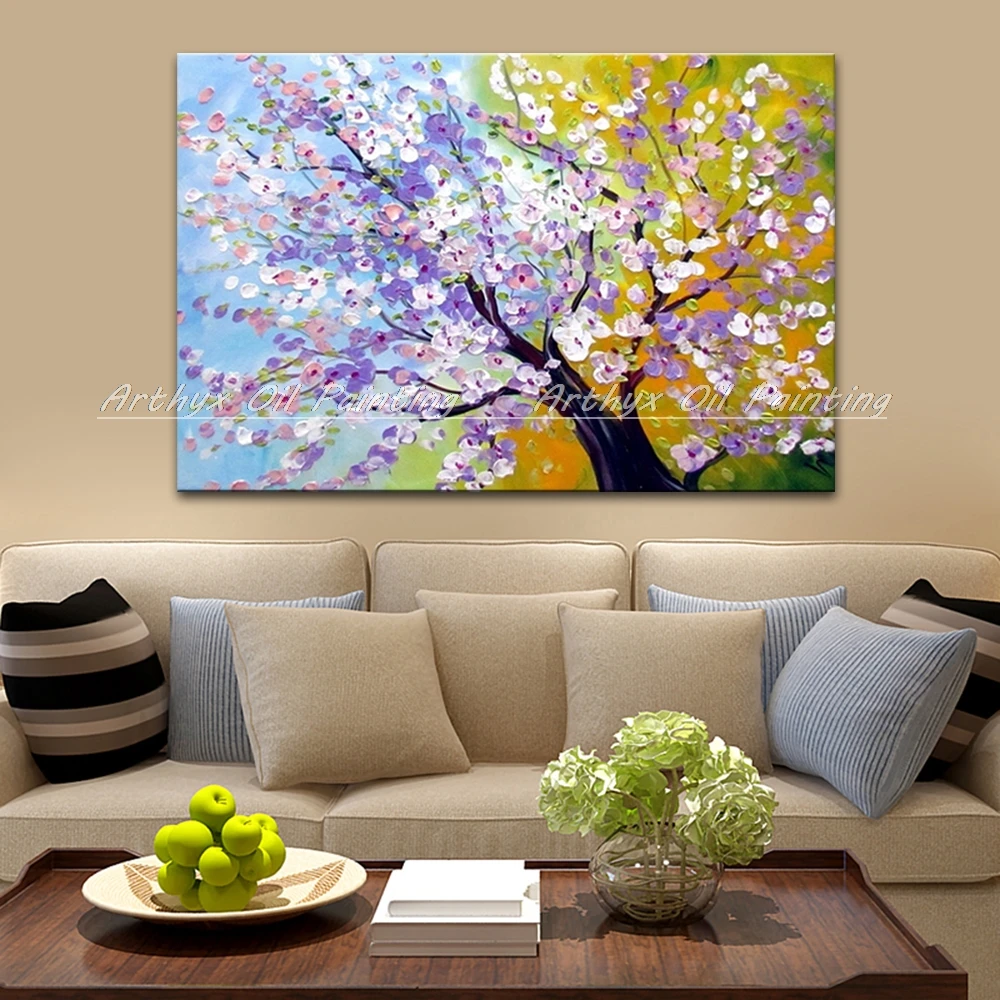 

Arthyx, Handpainted Abstract Thick Tree Flowers Oil Paintings On Canvas Modern Wall Art Pictures For Living Room Home Decoration