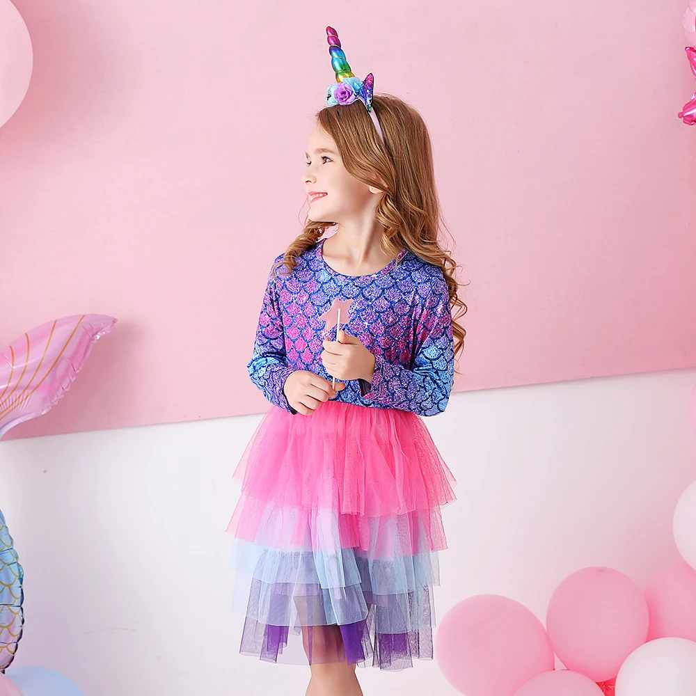 VIKITA-vestido de sirena con tut&uacute; para ni&ntilde;os, ropa de manga larga de malla en capas, disfraces de princesa, oto&ntilde;o y primavera-1