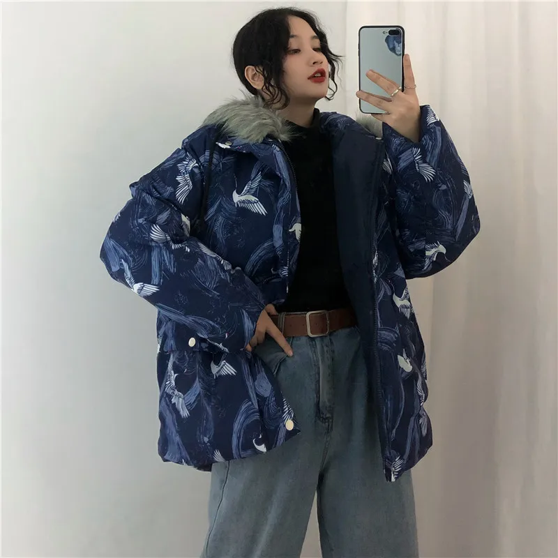 Woherb Harajuku куртки зимняя женская стеганая парка винтажный кран печати свободная японская стеганая куртка с капюшоном Femme Chaqueta Mujer