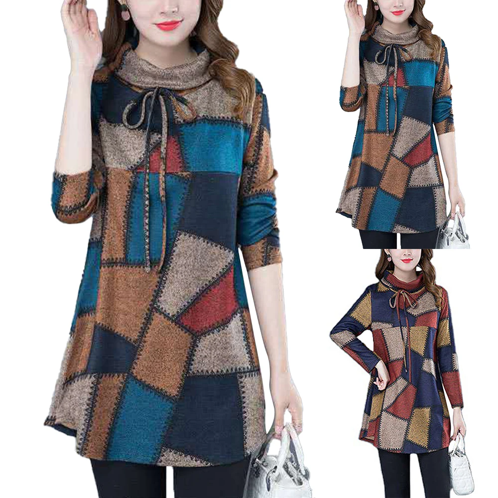 

Женская футболка с высоким воротником и длинным рукавом, в клетку