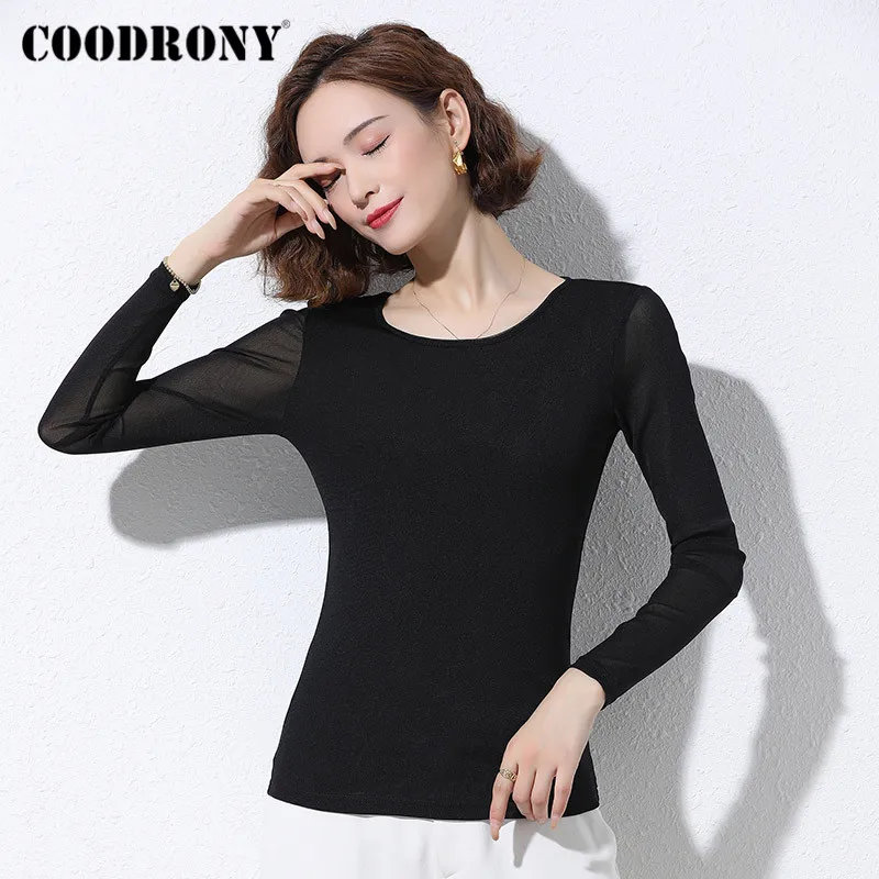 

COODRONY Brand Sexy Casual Solid Color Women's T-Shirts O-Neck Pullover Long Sleeve Slim Tops Female W5003