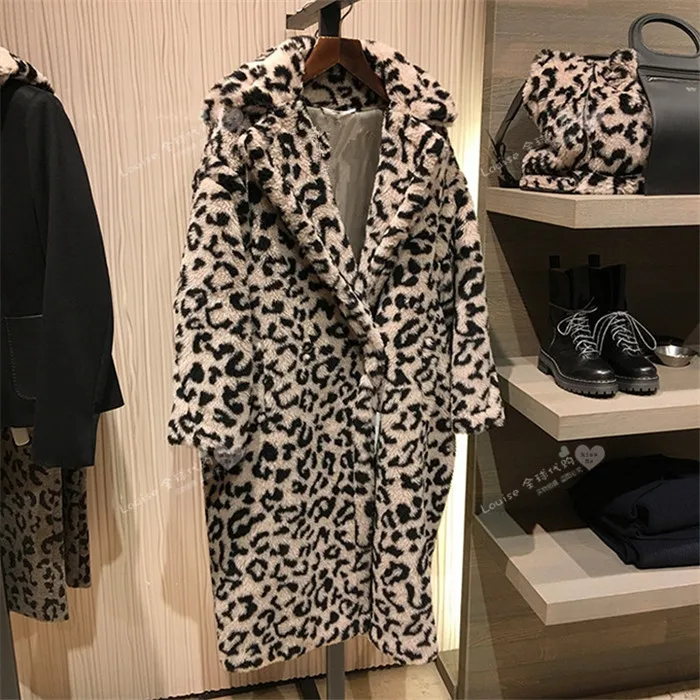 sexy leopard Зимнее пальто с натуральным мехом, плюшевый мишка, коричневые флисовые куртки, женский модный костюм, воротник из альпаки, плотное пальто, теплая длинная парка - Цвет: sexy leopard