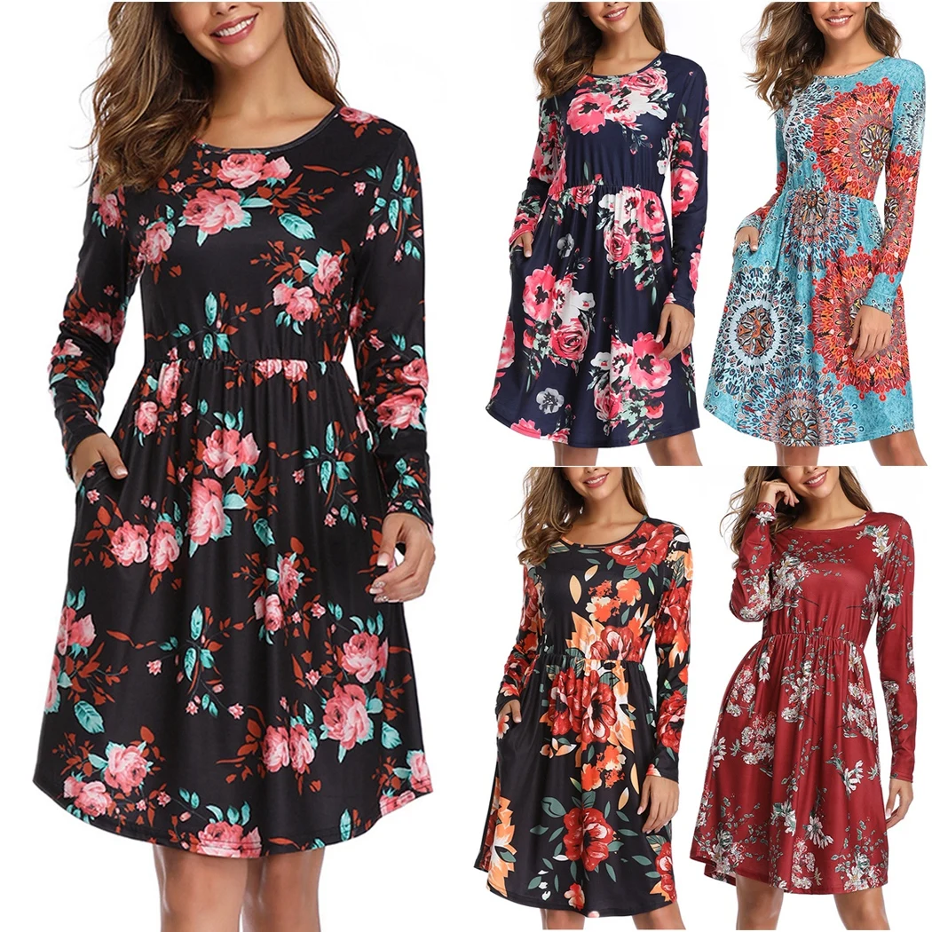 Винтажное платье женское с длинным рукавом круглым вырезом 2019 осенне-зимние