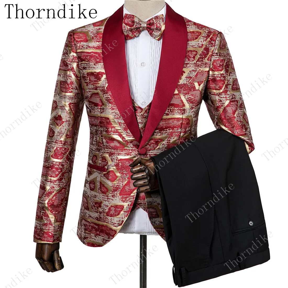 Новые модные мужские красный золото жаккардовые Привлекательный высокое качество Вечерние, пиджак+ брюки+ жилет, комплекты Мужской Повседневное приталенного блейзера, пальто, костюм