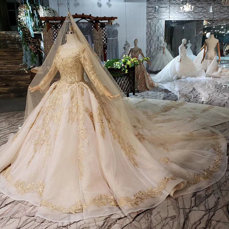 LS11555 Luxury Wedding Dress With Veil Backless Handmade Champagne Golden Lace Bridal Gown Long Train | Свадьбы и торжества