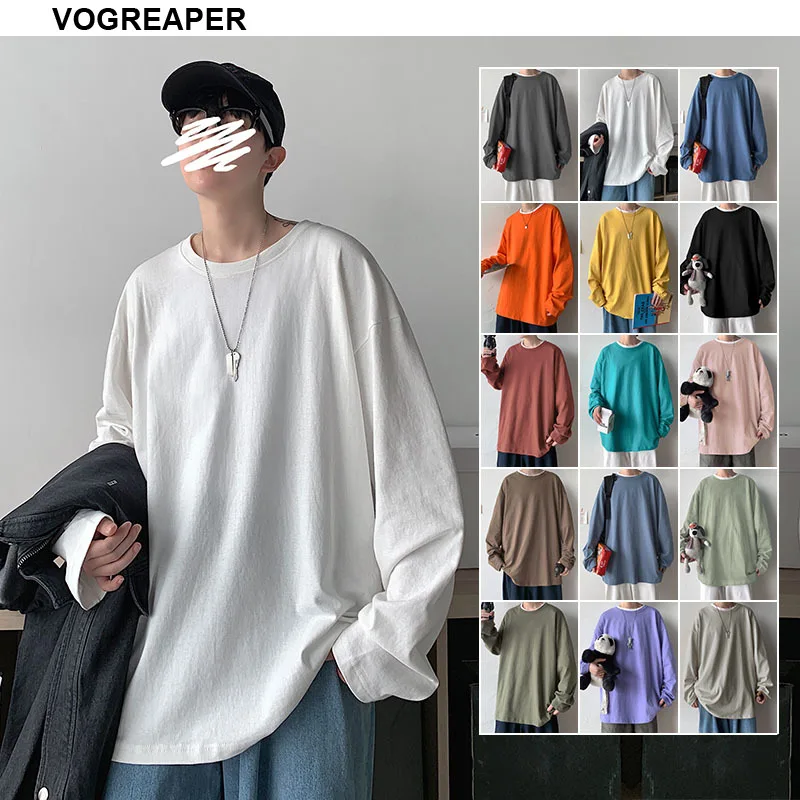 

15 Colors Korean Fashion O-Neck Mens T Shirts Casual 100% Cotton Long Sleeve Basic Tee Shirts 4XL 5XL