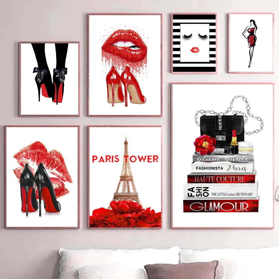 

Red Rose Heels Girl Lip Paris Tower Fashion Makeup Art Canvas Painting Nordic Posters And Prints Wall Pictures Living Room Decor