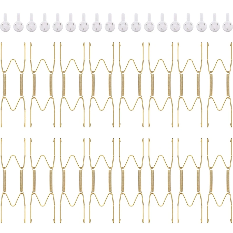 

16 Pieces 6 Inch Invisible Plate Hangers Wall Plate Hangers Brass Wire Plate Holders with 18 Pieces Wall Hooks for 5 to 7 Inch D