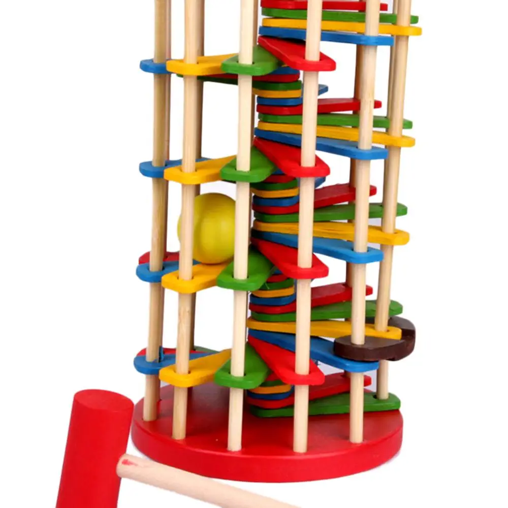

Hot Creative Pound and Roll Wooden Tower with Hammer Knock the Ball Rolling Off Ladder Early Education Baby Toys Best Gift