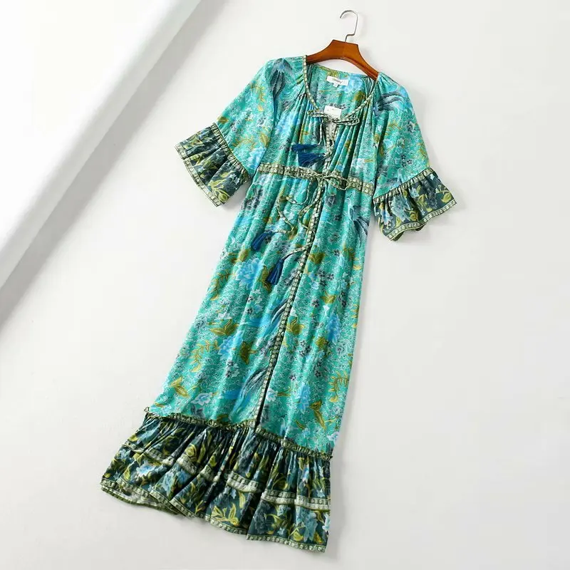 Vintage chic women birds floral print flare sleeve Bohemian rayon cotton maxi dress Ladies v-neck lace-up ruffles Boho vestidos