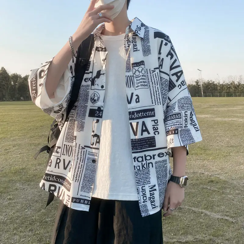 Loose Oversized Summer Arrival Men Shirts Silk Thin Section Trend Handsome Casual Loose Hong Kong Style All-match Shirt Printed