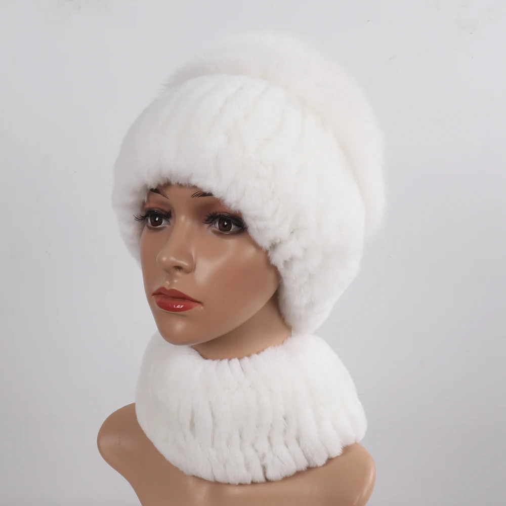 Женская эластичная трикотажная шапка-шарф из лисьего меха |