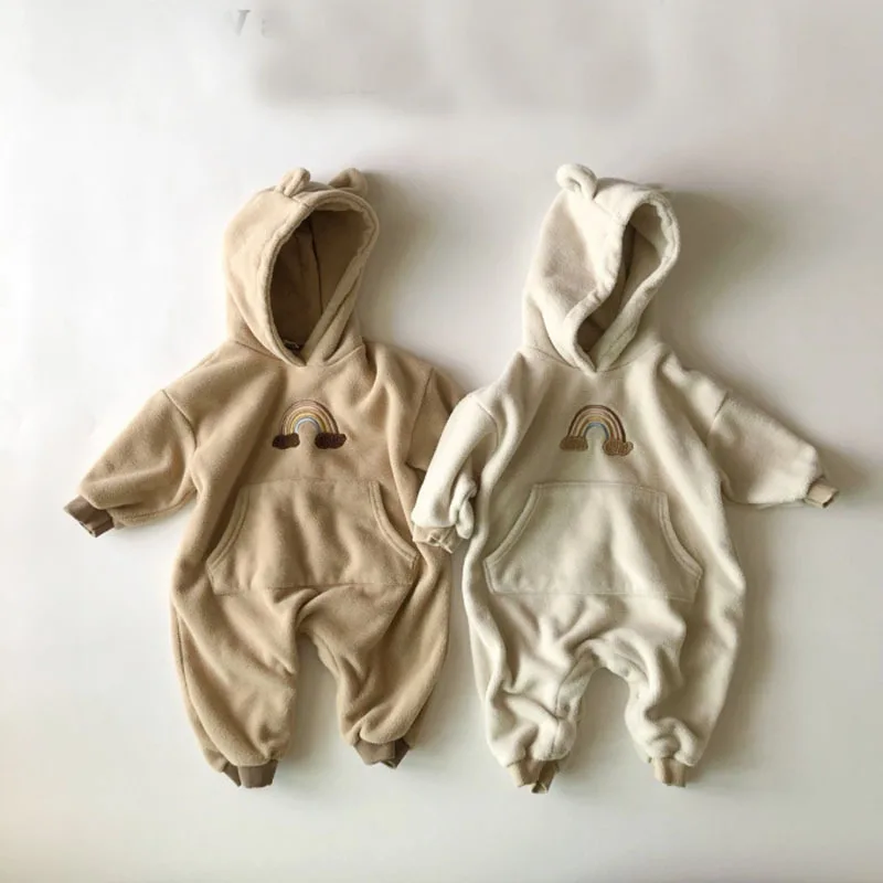 

2021 New Baby Rainbow Romper Winter Plus Velvet Thicken Baby Warm Jumpsuit Long Sleeve Boys Bear Hooded Romper Cute Girl Clothes