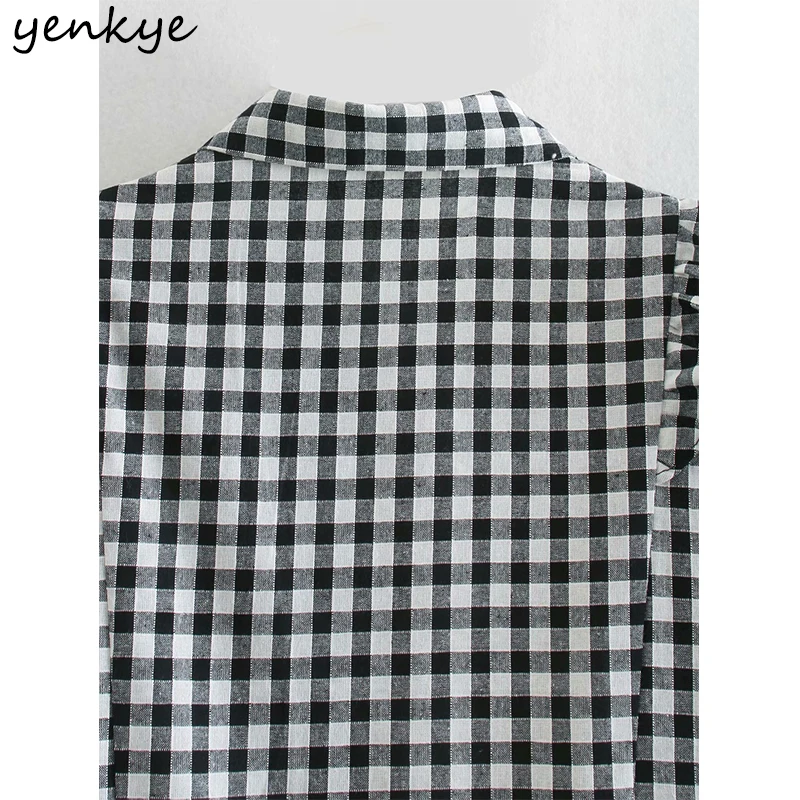 

YENKYE Vintage Plaid Blouse Shirt Women Lapel Collar Long Sleeve Ruffle Cotton Tops Plus Size Blusas Mujer