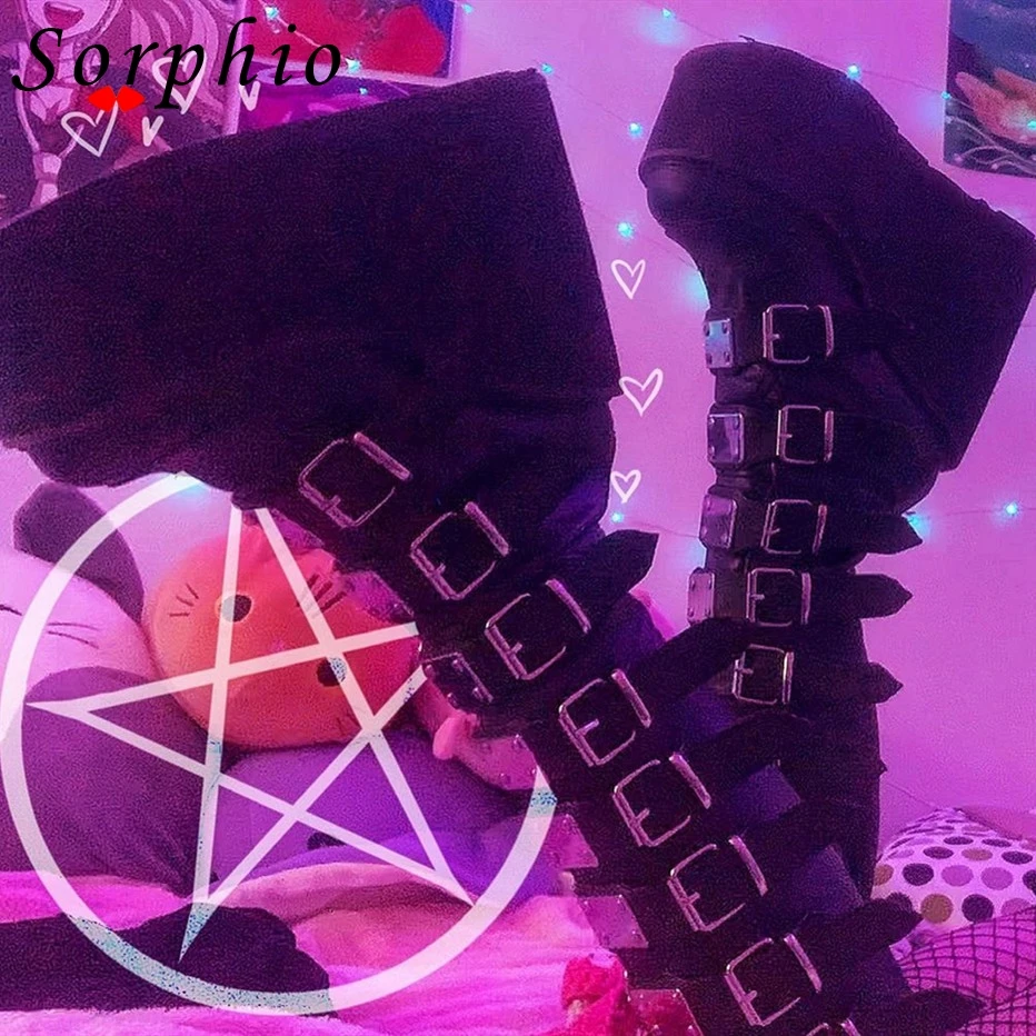 

Sophio Female Metal Buckle Design Med Calf Goth Boots Zipper Platform Wedges Fashion Popular Party Shoes Woman Hot Sale 2021