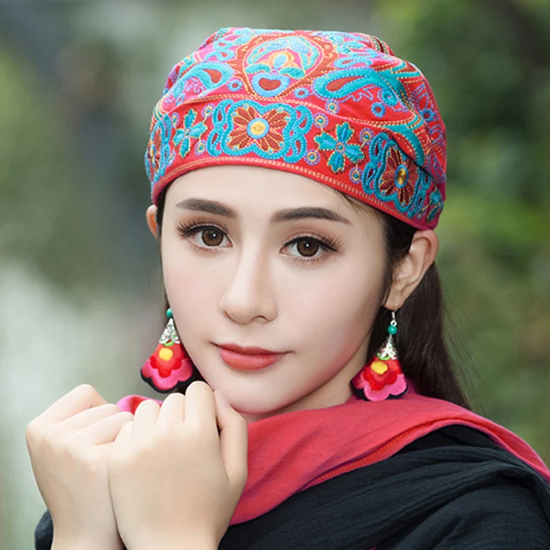 

New style Ethnic Style leisure embroidery flower scarf Cotton hat peaked cap bucket hat beanie cap Bonnet Panama Hat for women