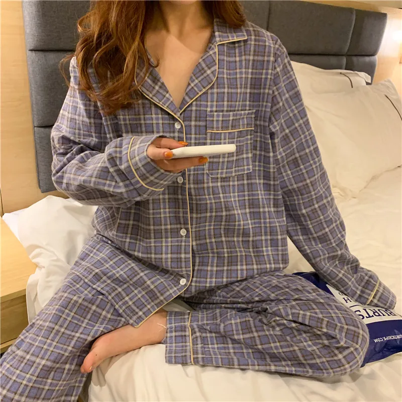 

plaid cotton lovers pajamas sets women men autumn long sleeve Korean Style casual leisure homewear sleepwear suit pyjamas