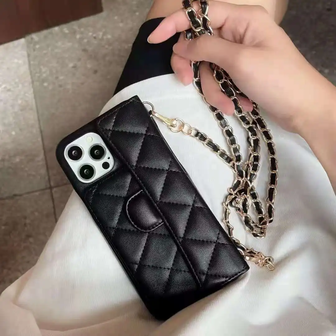 

Luxury Brand New Lambskin Chain Strip Phone Case Crossbody For iPhone 12 13 11 Pro XS Max 7 8 Plus XR CC Back Cover Accessory