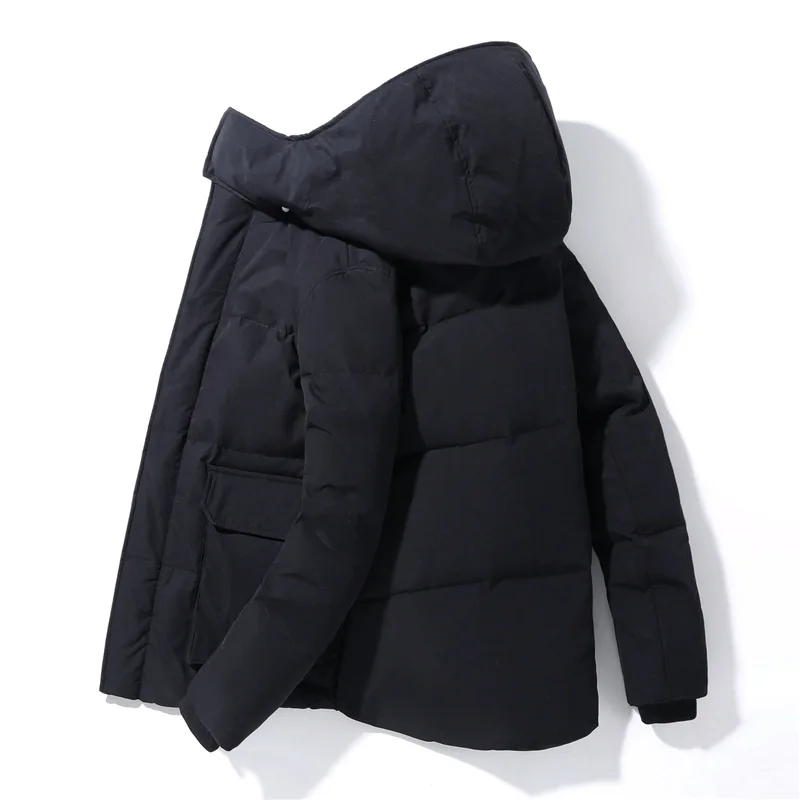 Мужской пуховик с капюшоном черный повседневный на белом утином пуху теплый зима