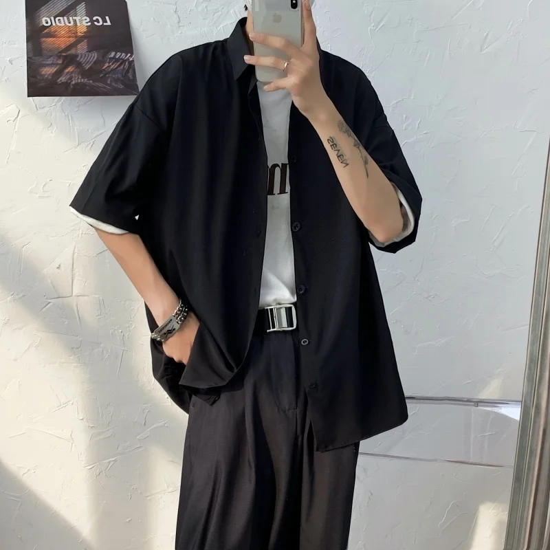 

Black/Gray/White Shirt Men's Fashion Business Society Mens Dress Shirt Korean Loose Short-sleeved Shirts Men Casual Shirt M-3XL