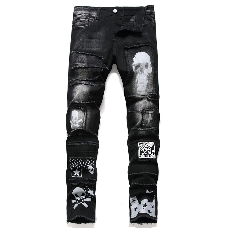 

Men's Pants Streetwear Fashion Pants Jeans Skull Black Denim Motorcycle Trend Punk Men's Casual Pants
