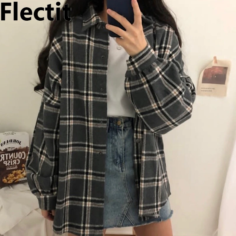 Фланелевая Oversized рубашка Flectit блузка бойфренда в клетку с длинными рукавами и