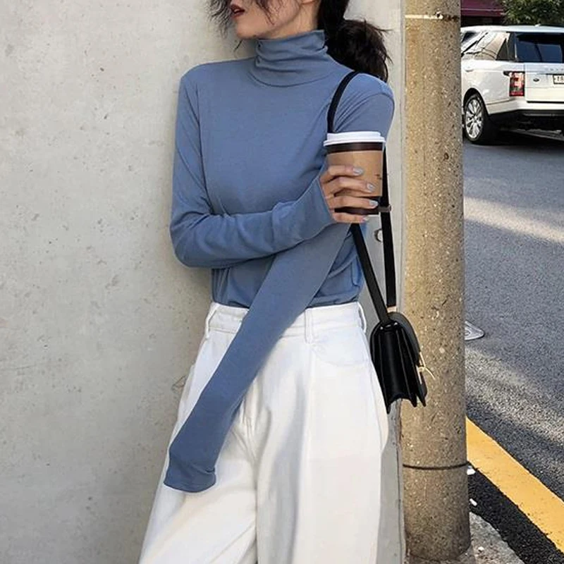 Однотонные футболки с высоким воротником Женская облегающая футболка ярких