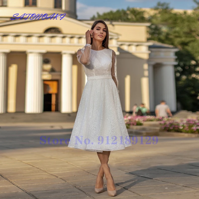 

Vestidos De Novia Shining Summer Wedding Dress Scoop Neck A-Line Long Sleeves Tea Length Sequin Bridal Gown 2021 Robe De Mariée
