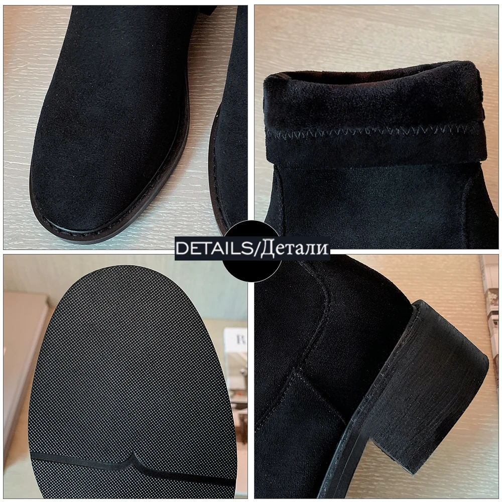 

WETKISS Black Knee Boots Women Flock Upper Chunky Heel Ankle Boots Round Toe Winter Shoes Woman Casual Booties Ladies Big Size