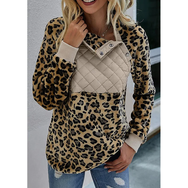 

Autumn new Front button Long Sleeve Sweater Stitching Top women leopard pullover