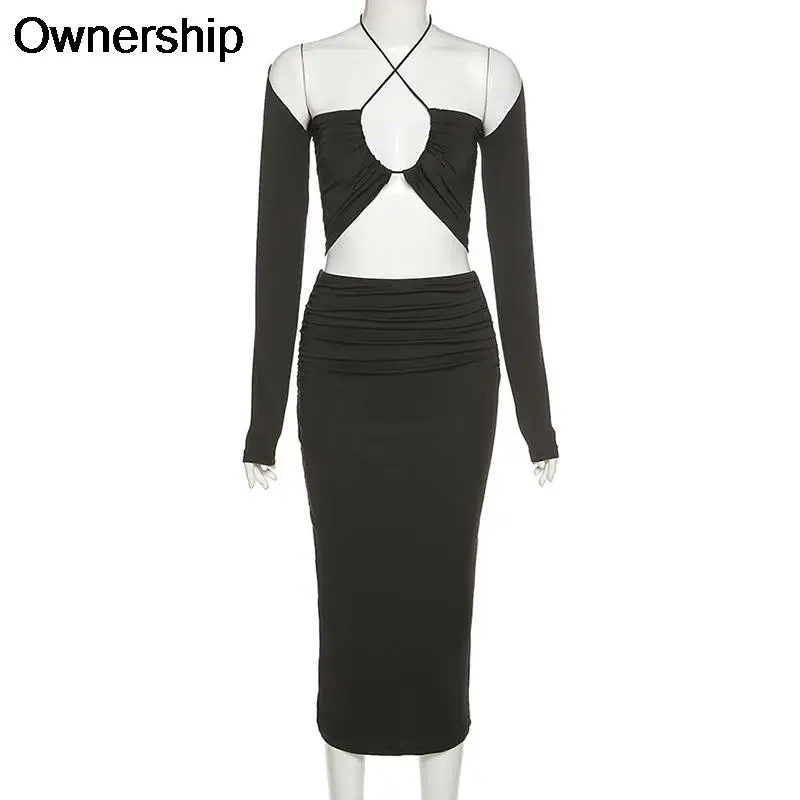 

2 Piece Sets Womens Outfits Sexy Black Long Sleeve Halter Crop Tops High Waist Maxi Skirt Rave Outfit Woman Festival Party Match