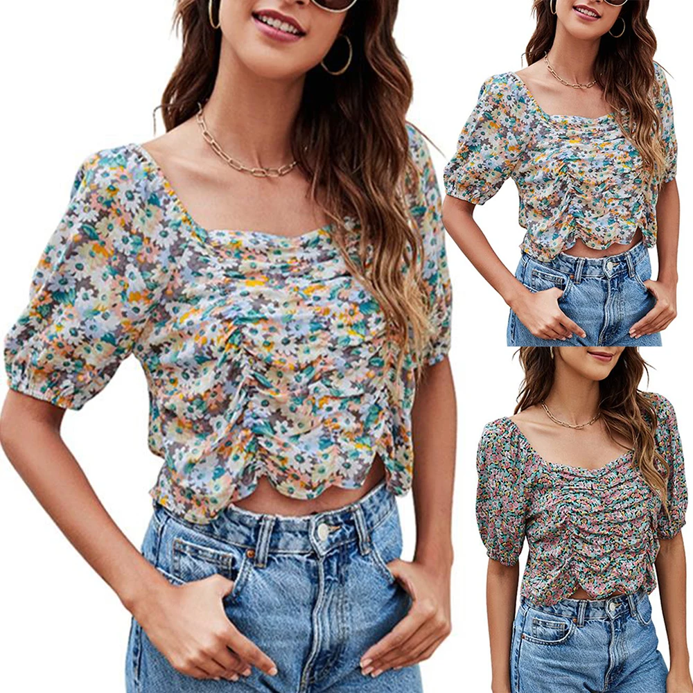 

Элегантные короткие женские топы Samdolly в стиле бохо с коротким рукавом, укороченные топы, праздничная Повседневная летняя футболка с квадра...