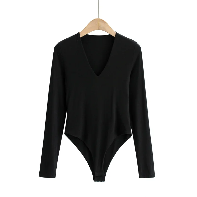 

TVVOVVIN 2021 Spring Women's Sexy Bodysuits Solid Color V-Neck Long Sleeve Sexy All-match Female Rompers XBM8