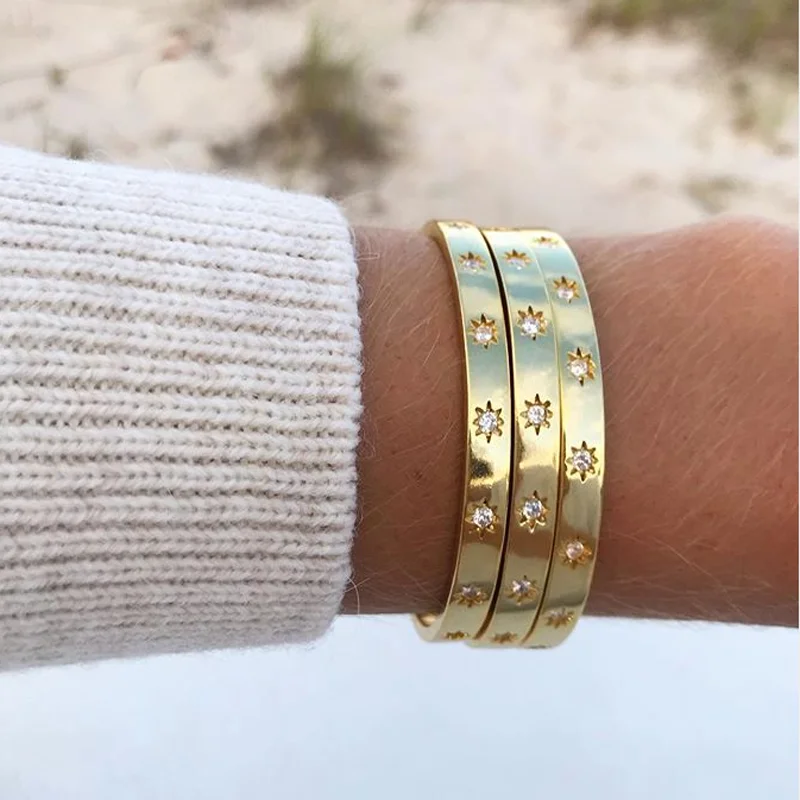 Изящные женские открытые браслеты и блестящие звезды Безель прозрачные фианиты