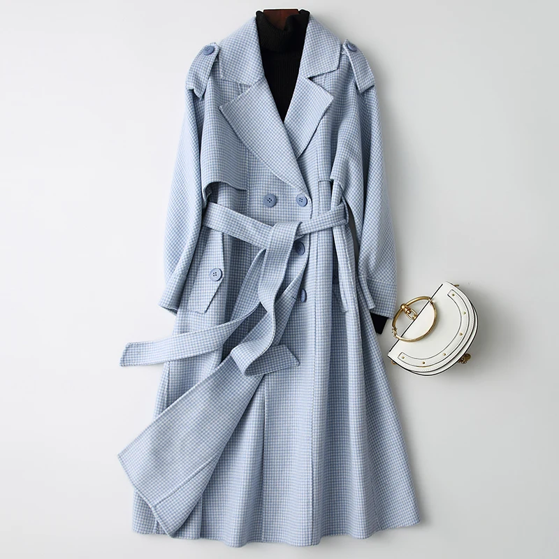 

Double Side 100% Wool Coat Female Autumn Winter Jacket Women Plaid Woolen Coats Korean Overcoat Abrigo Mujer My